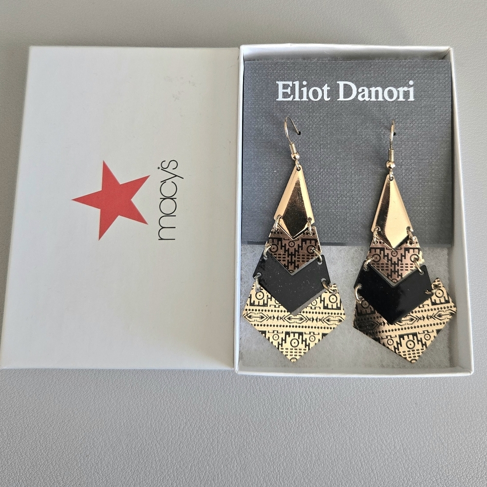 New In Box Eliot Danori Gold and Black Geometric Chevron Patterned Earrings